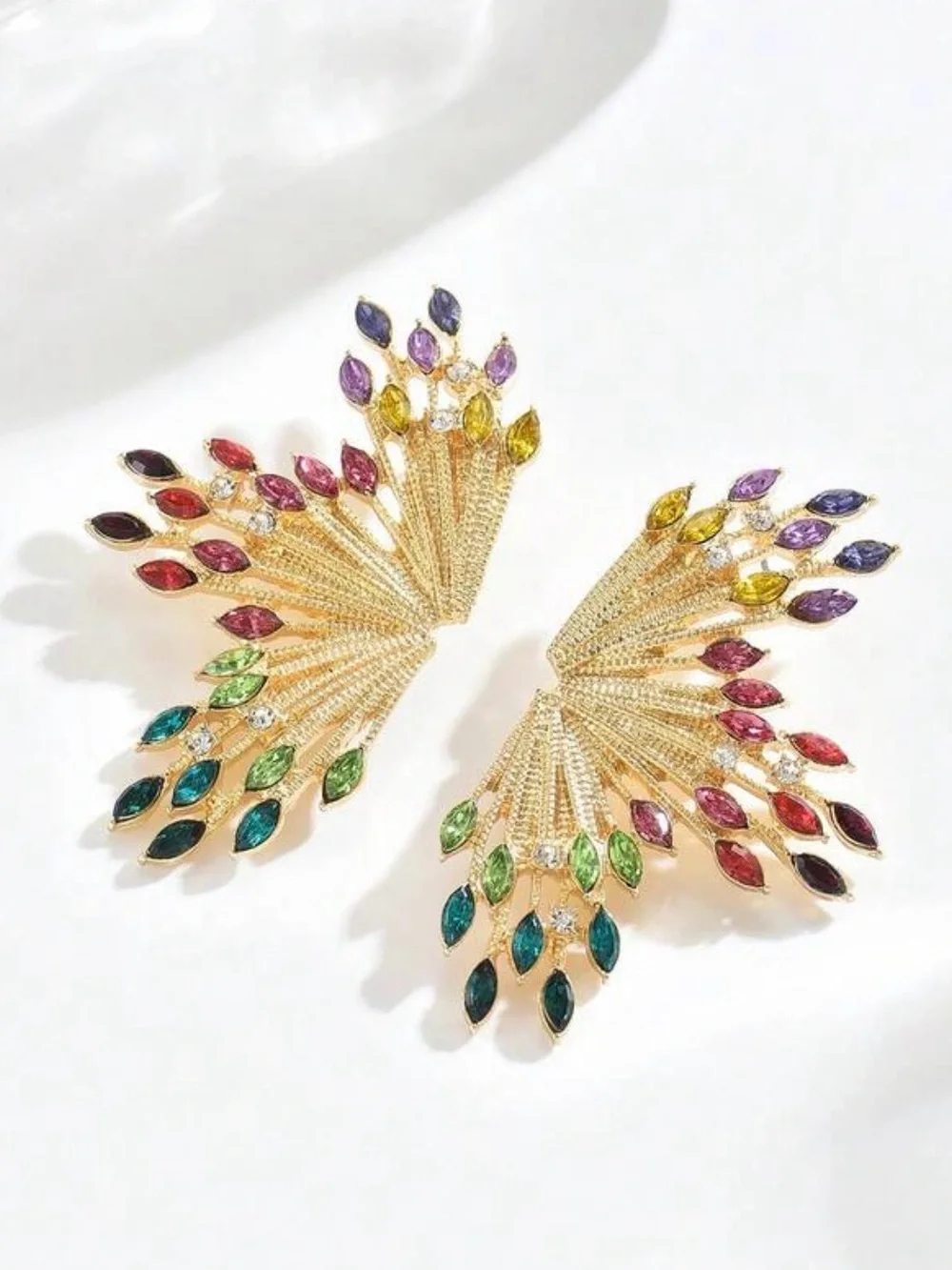 Colorful Rhinestone Starburst Fan Gold Earrings Statement Jewelry Art Deco NEW